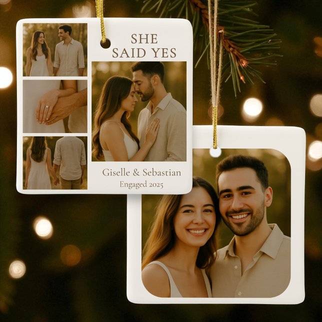 Christmas Holiday 4 Photo Engagement Collage  Ceramic Ornament (Creator Uploaded)