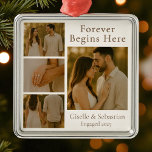 Christmas Holiday 4 Photo Engagement Collage  Metal Ornament<br><div class="desc">Celebrate the magic of your engagement with this elegant 4-photo collage ornament,  designed to tell your love story in every detail. From the moment you said "yes" to the warmth of every glance,  this keepsake is a timeless reminder of where forever began.</div>