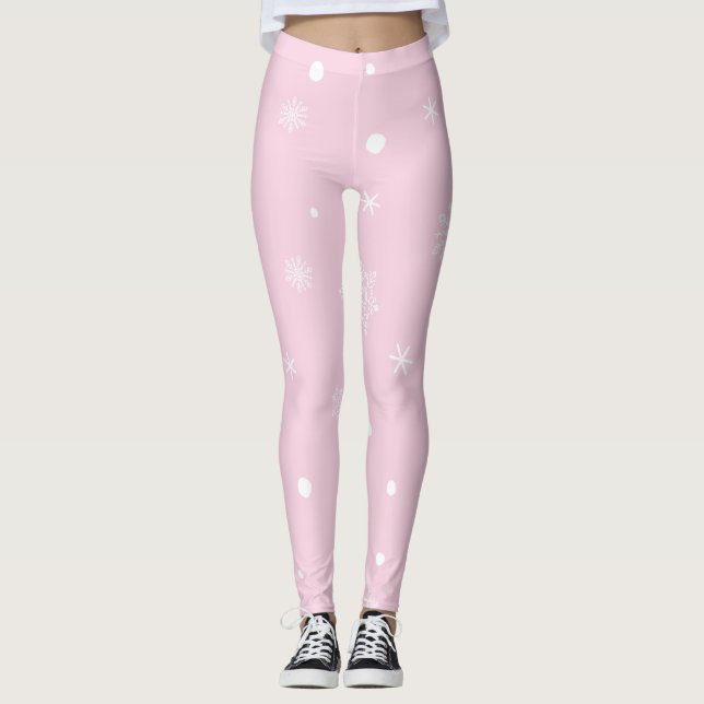 Christmas Holiday Aesthetic Snowflake Pink Leggings (Front)