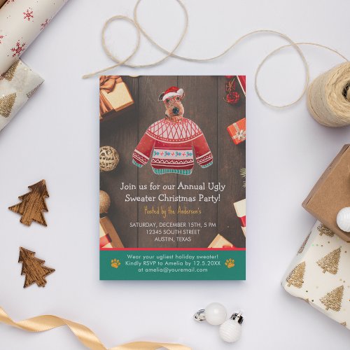 Christmas Holiday Airedale Dog Ugly Sweater Party Invitation