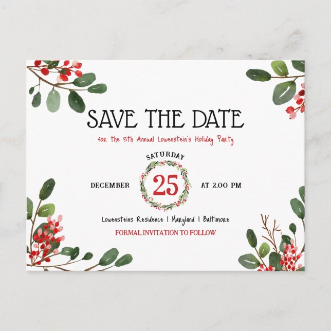 Christmas Holiday Annual Party Save The Date Announcement Postcard (Front)