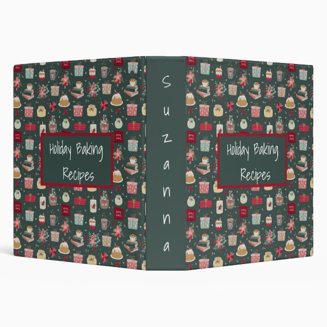Christmas Holiday Baking Goodies Cute Green Name 3 Ring Binder (Background)