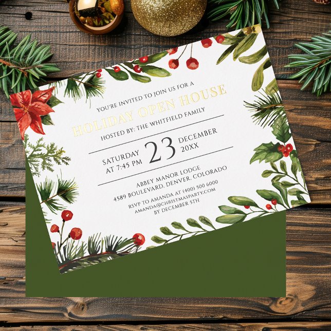 Christmas Holiday Berries Greenery Open House Gold Foil Invitation (Christmas Open House Red Berries Mistletoe Party Gold Foil Invitation)