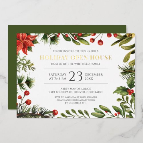 Christmas Holiday Berries Greenery Open House Gold Foil Invitation