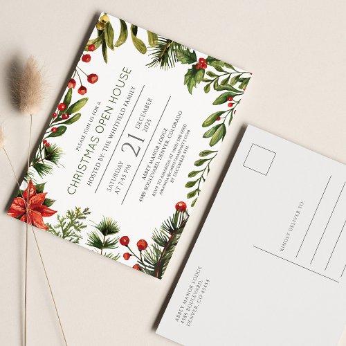 Christmas Holiday Berries Greenery Open House Invitation Postcard