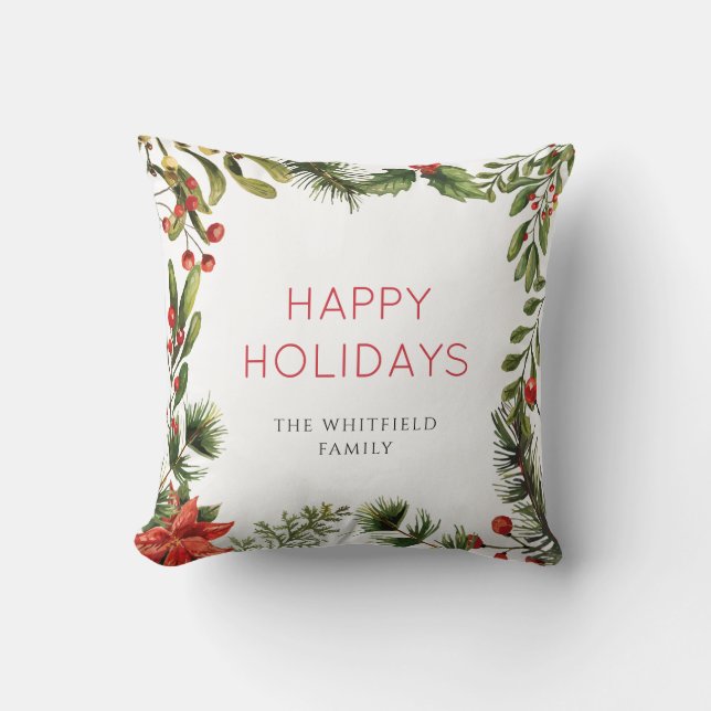 Christmas Holiday Berries Greenery Watercolor Throw Pillow (Front)