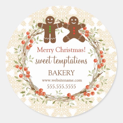Christmas Holiday Berry Wreath Gingerbread Men Classic Round Sticker