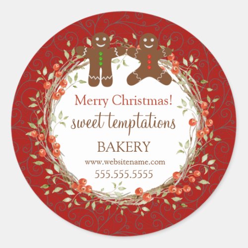 Christmas Holiday Berry Wreath Gingerbread Men Classic Round Sticker