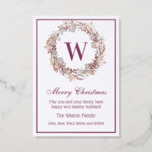 Christmas Holiday Berry Wreath Init Family Name #2 Letterpress Photo Cards