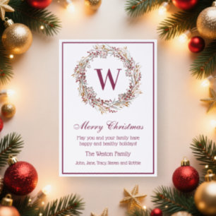 Christmas Holiday Berry Wreath Init Family Name #2 Letterpress Photo Cards