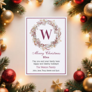 Christmas Holiday Berry Wreath Init Family Name #F Letterpress Photo Cards