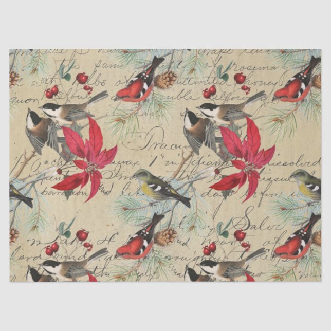 Christmas Holiday Bird and Poinsettia Decoupage Tissue Paper (Front)