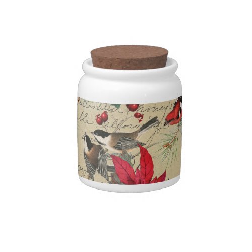 Christmas Holiday Bird and Red Poinsettia Candy Jar