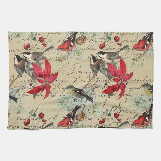 Christmas Holiday Bird and Red Poinsettia Kitchen Towel (Horizontal)