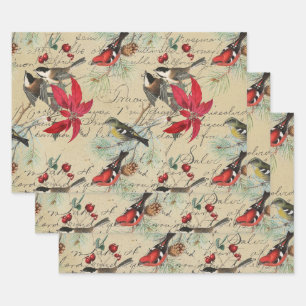 Christmas Holiday Bird and Red Poinsettia Wrapping Paper Sheets