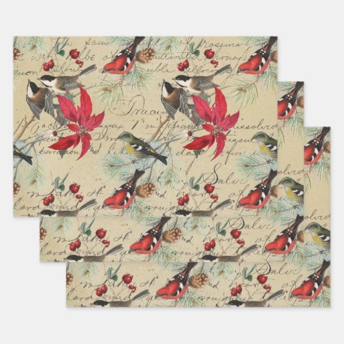 Christmas Holiday Bird and Red Poinsettia Wrapping Paper Sheets