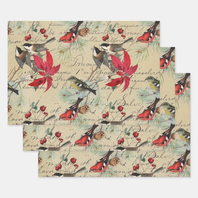 Christmas Holiday Bird and Red Poinsettia Wrapping Paper Sheets (Set)