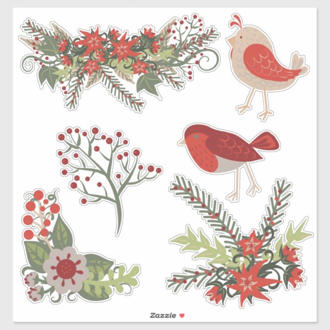 Christmas Holiday Birds Flowers Sticker (Sheet)