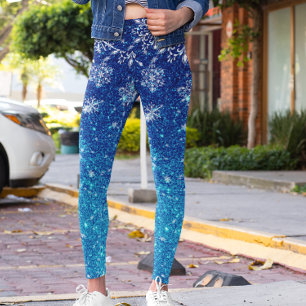 Christmas Holiday Blue Glitter Snow Snowflakes Leggings