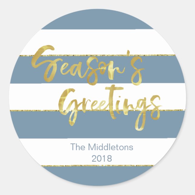 Christmas Holiday Blue  Gold Custom Greeting Classic Round Sticker (Front)