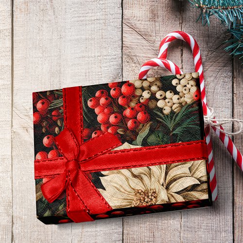 ChristmasHoliday Bold Flowers Berries  Leaves Wrapping Paper