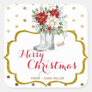 Christmas Holiday Boot Floral Square Sticker by ThreeFoursDesign at Zazzle
