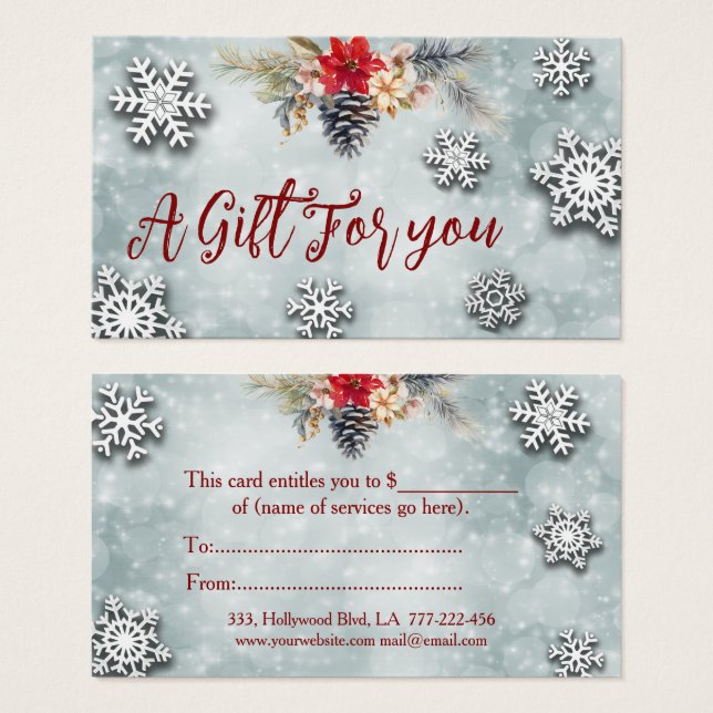 Christmas/holiday botanical bokeh gift certificate (Front & Back)