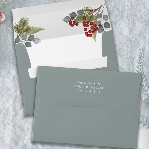 Christmas Holiday Botanical Pine Holly Berries Envelope