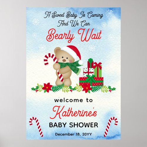 Christmas Holiday Boy Bear Bearly Wait Baby Shower Poster