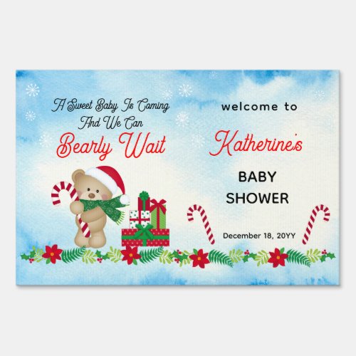 Christmas Holiday Boy Bear Bearly Wait Baby Shower Sign