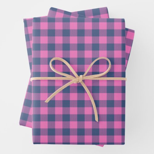 Christmas Holiday Buffalo Plain Pink Blue Pattern Wrapping Paper Sheets