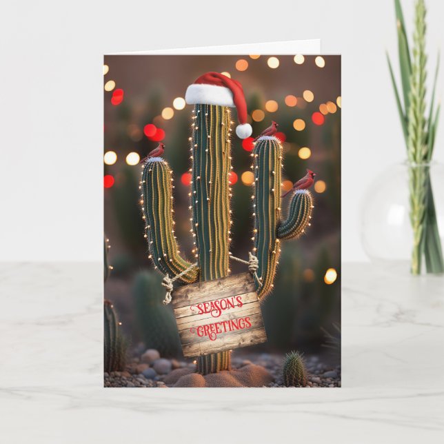 Christmas Holiday Cactus Desert with Cardinals  Card (Front)