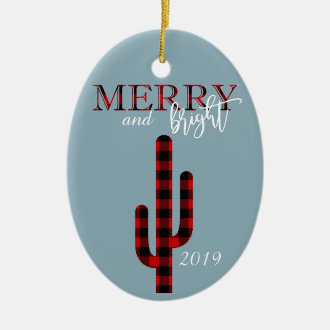 Christmas Holiday Cactus Southwest Buffalo Plaid Ceramic Ornament (Front)