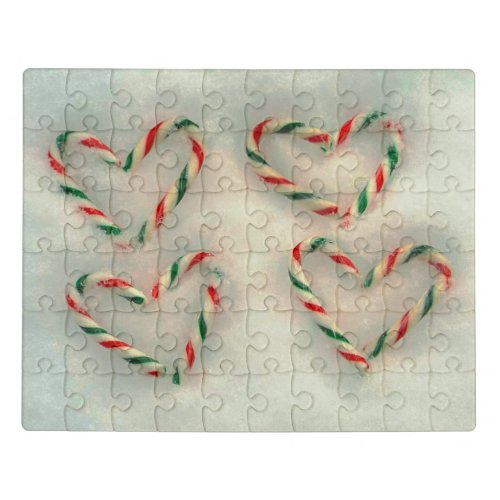 Christmas Holiday Candy Cane Hearts On Real Snow Jigsaw Puzzle