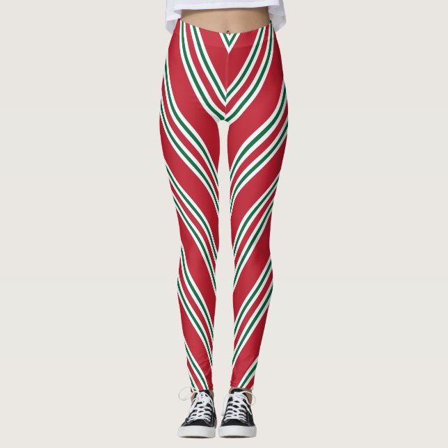 Christmas Holiday Candy Cane Striped Leggings (Front)