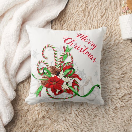 Christmas Holiday Candy Canes and Snowflakes Throw Pillow