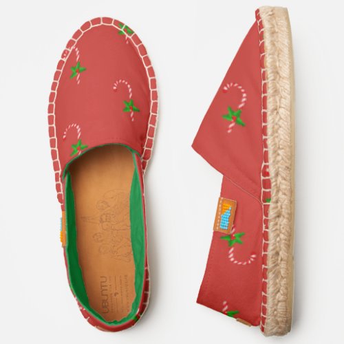 Christmas Holiday Candy Red  Stripes Holly Pattern Espadrilles