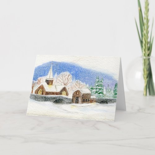 Christmas  Holiday Card Snowy Village watercolor