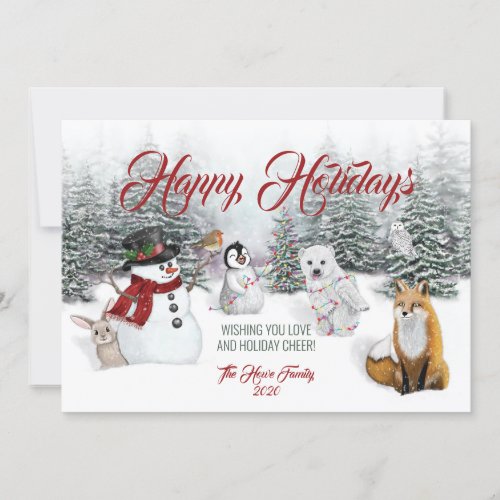 Christmas Holiday Card Winter Animals and Snowman