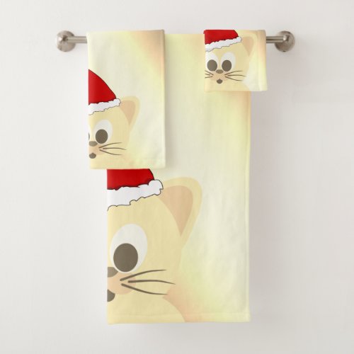 Christmas Holiday_Cat Santa HatSnowflakes Gold Bath Towel Set