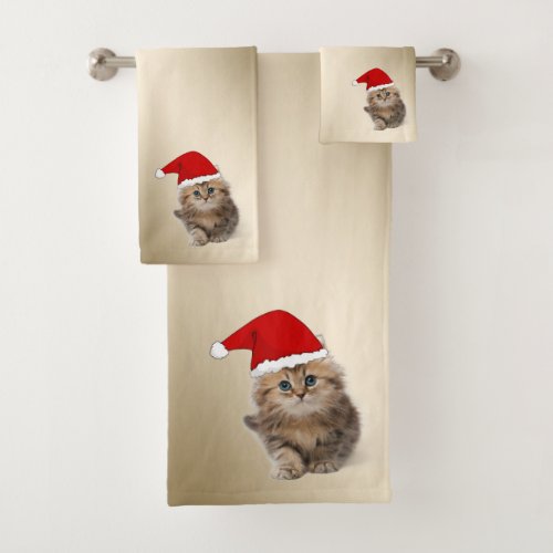 Christmas Holiday_Cat With Santa HatSnowflakes Bath Towel Set
