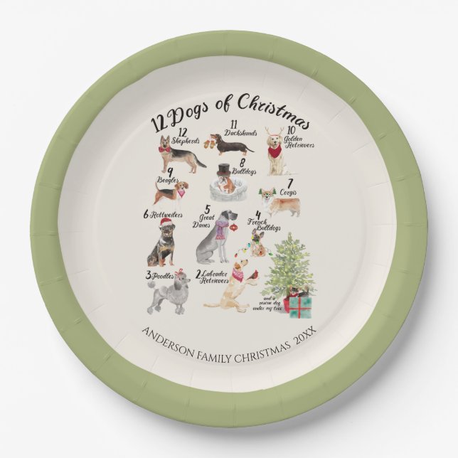 Christmas Holiday Celebration 12 Dogs of Christmas Paper Plates (Front)