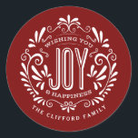 CHRISTMAS HOLIDAY CHALK ART ORNAMENT STICKERS<br><div class="desc">WISHING YOU JOY & HAPPINESS: Bright and cheerful whimsical round chalkboard style Christmas ornament with retro banner, vintage red and white typography, and fancy swirls. Personalize this decorative holiday ROUND label with your family name or custom greeting. Perfect for sealing envelopes or as gift tags. Contemporary, classic, modern and stylish...</div>