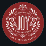 CHRISTMAS HOLIDAY CHALK ART ORNAMENT STICKERS<br><div class="desc">WISHING YOU JOY & HAPPINESS: Bright and cheerful whimsical round chalkboard style Christmas ornament with retro banner, vintage red and white typography, and fancy swirls. Personalize this decorative holiday ROUND label with your family name or custom greeting. Perfect for sealing envelopes or as gift tags. Contemporary, classic, modern and stylish...</div>