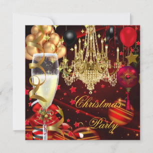 Christmas Holiday Champagne Party Red Gold Balls Invitation