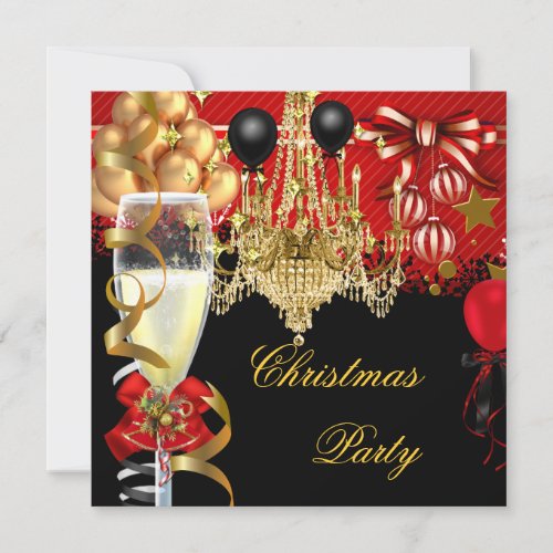 Christmas Holiday Champagne Party Red Gold Black 2 Invitation