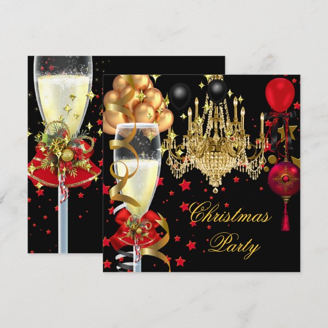 Christmas Holiday Champagne Party Red Gold Black 4 Invitation (Front/Back)