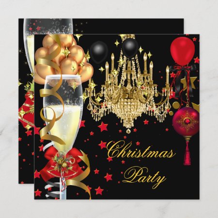 Christmas Holiday Champagne Party Red Gold Black 4 Invitation