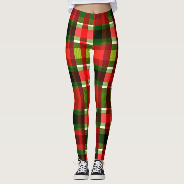 Christmas Holiday Checkered Squares Buffalo Plaid Leggings (Front)