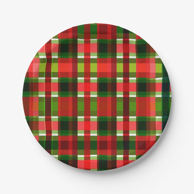 Christmas Holiday Checkered Squares Buffalo Plaid Paper Plates (Front)